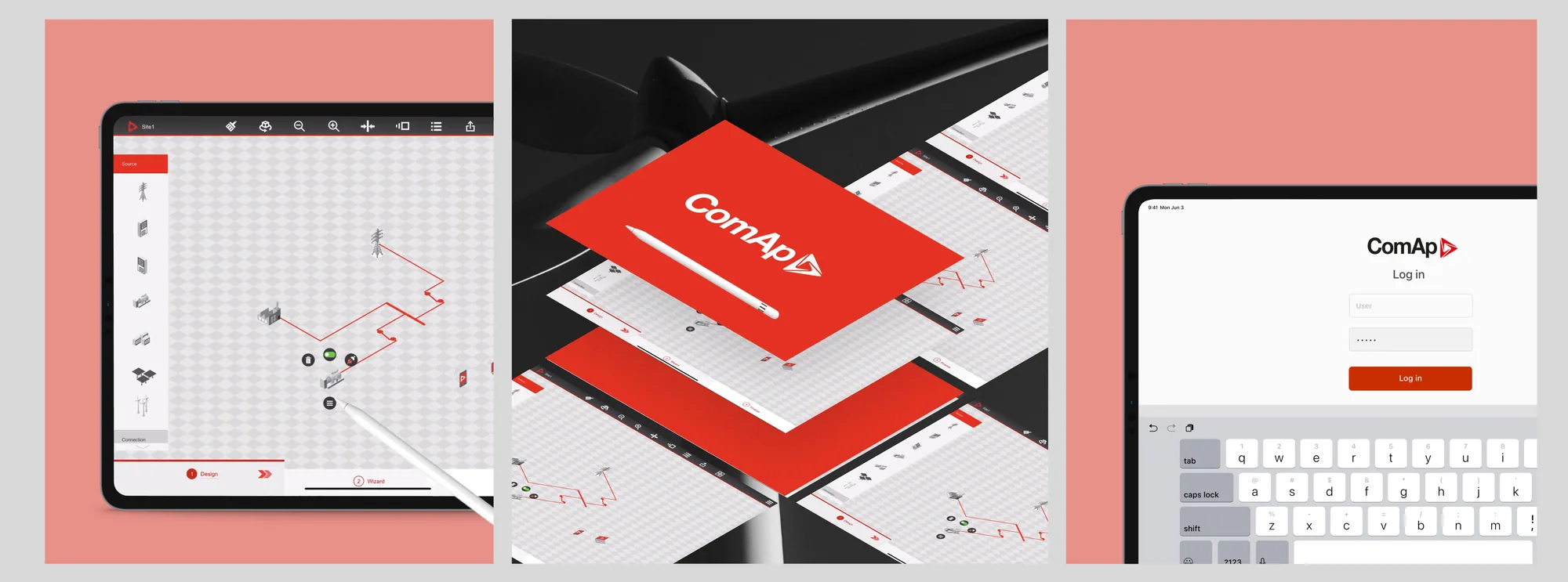 Three panels on a coral background: the Design Studio being drawn on with an Apple Pencil, the ComAp brand card over app screens, and the app's login screen on an iPad with the on-screen keyboard up.