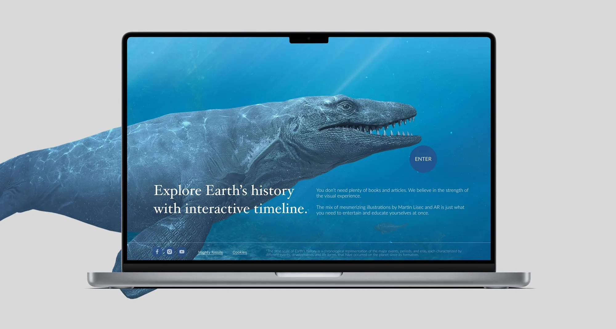 A laptop showing the Mighty Fossils opening screen — a mosasaur gliding through sunlit water above the line “Explore Earth's history with interactive timeline” — with the creature breaking out past the screen's edge.