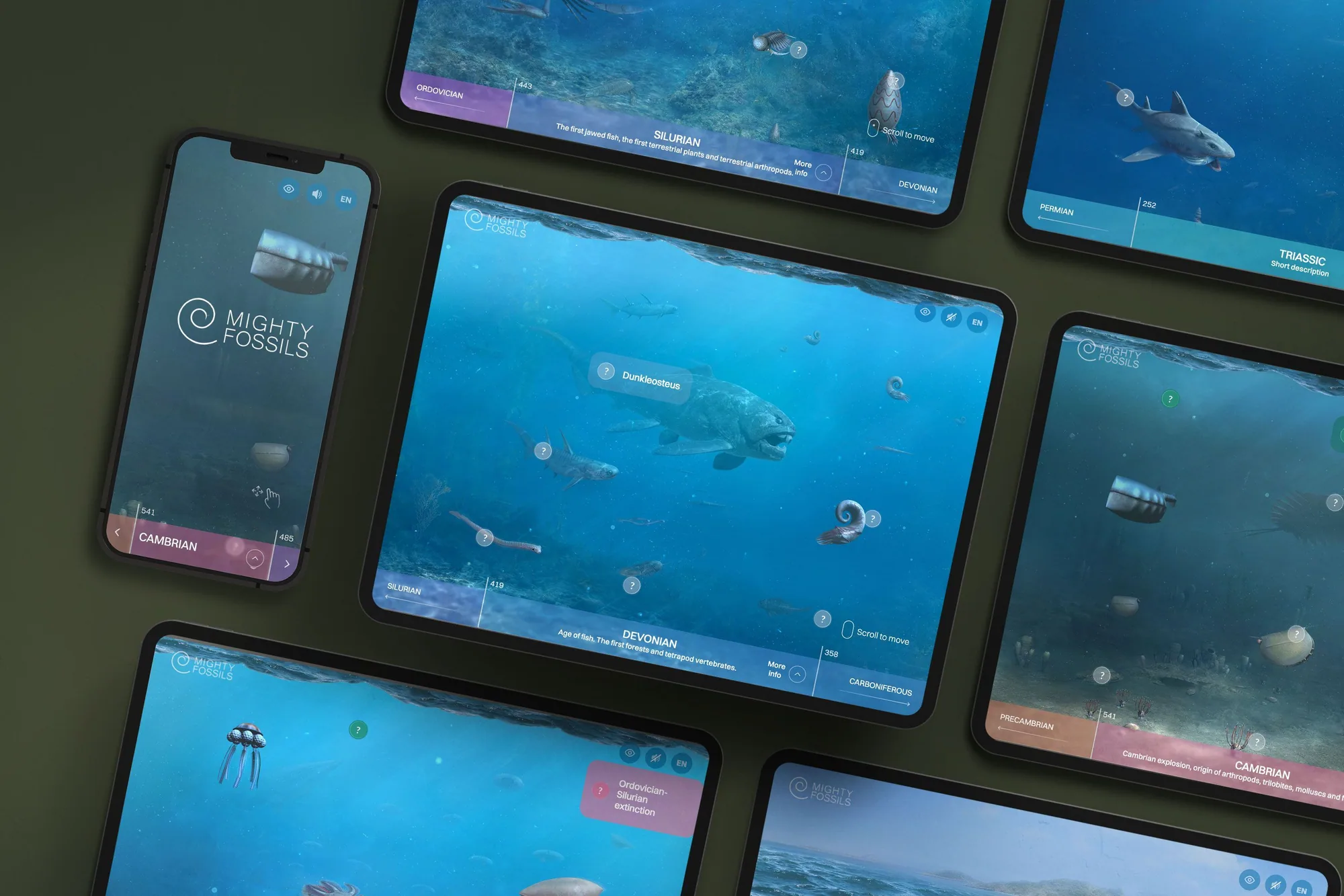 Phones and tablets arranged on an olive surface, each showing a different geologic period of the timeline — Cambrian, Devonian with a Dunkleosteus, Silurian, Permian and Triassic.
