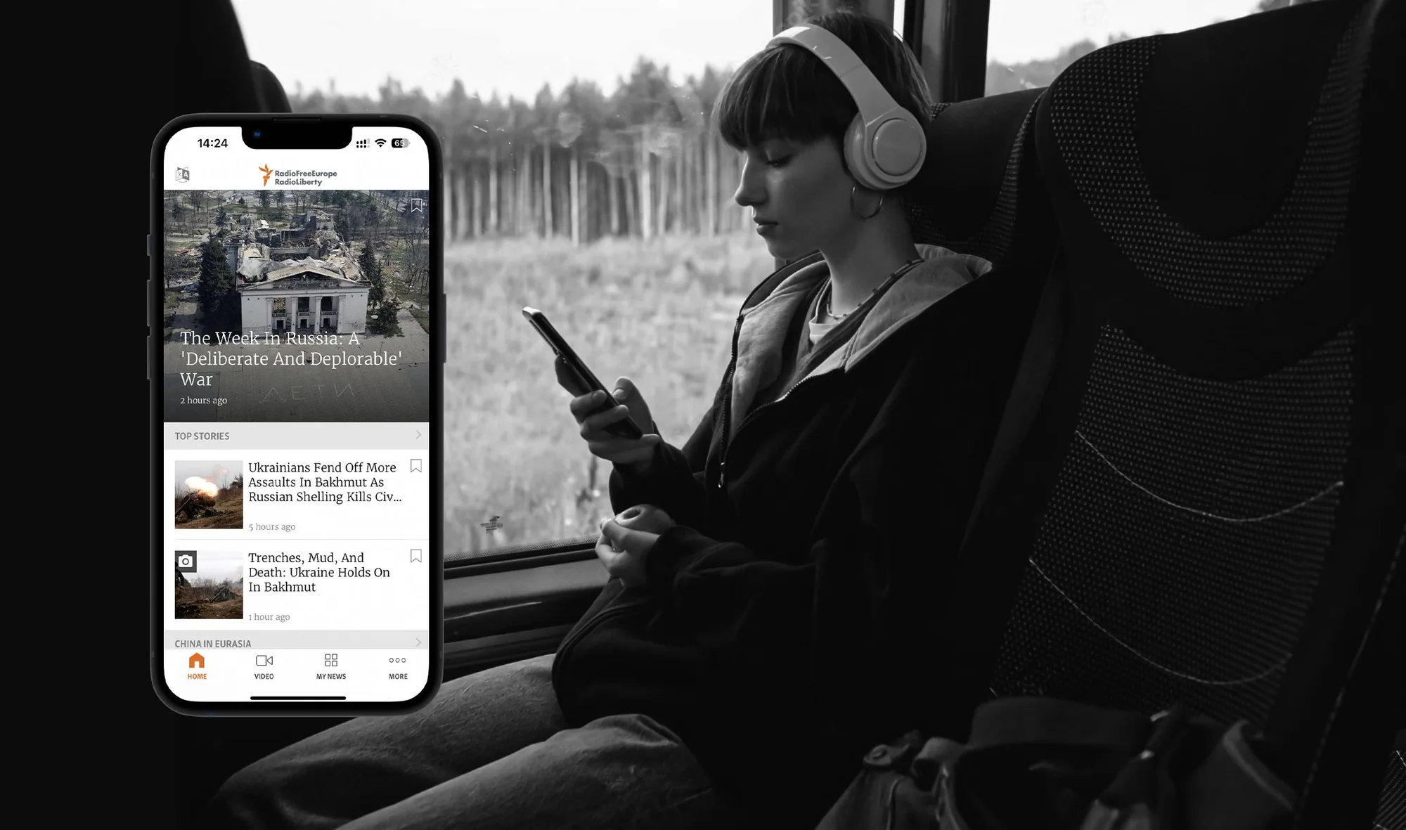 A young passenger in headphones reading on a bus, shown in black and white, beside a phone displaying the RFE/RL app’s top stories in colour.